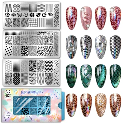 PH PandaHall 3pcs French Tip Nail Stamping Plates Texture Line Nail Art Templates Flower Leaf Manicure Art Stencils Geometric Graffiti Nails Design Stamp for Women DIY Home Manicures Salon Printing - style: French Tip