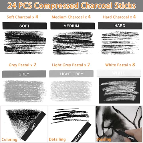 24 Pcs Compressed Charcoal Sticks with Soft, Medium, Hard and White Charcoal, Square Charcoal Stick Kit for Drawing, Sketching and Shading (12 Black + 4 Gray + 8 White) - color: 12 Black + 4 Gray + 8 White