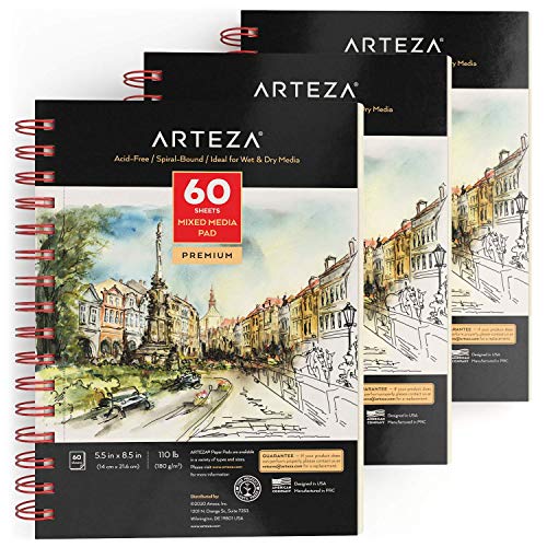 ARTEZA Mixed Media Sketchbook, 5.5 x 8.5 Inches, Pack of 3, 60 Sheets Each, Micro-Perforated Spiral-Bound Paper Pad for Wet and Dry Media - size: 5.5"x8.5" (Pack of 3)