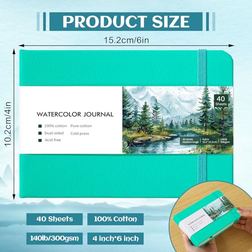 40 Sheets Watercolor Journal, 4x6 in, 140 Lb Cold Press Paper, Blue | Cotton Paper, 300 Gsm, Wirebound with Tear-Out Pages, Elastic Closure, for Watercolor, Sketching & Mixed Media - color: Turquoise