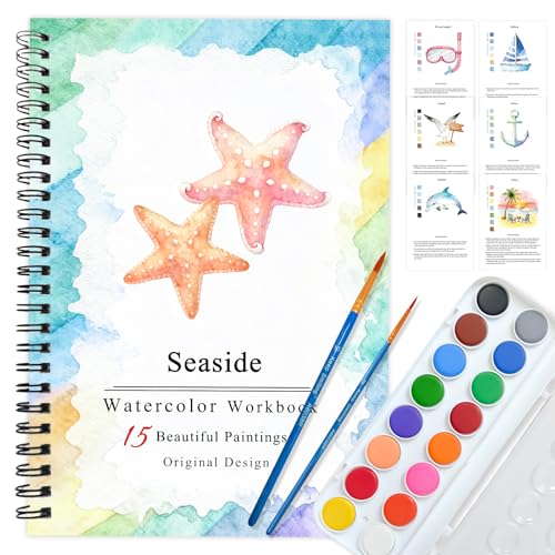 SLWBZ Watercolor Workbooks Coloring Book, Beginner Friendly Painting Kit, Detailed Steps, Creative Exploration Watercolor Book with Paint Set for Adults Teens (Seaside, with Paint) - color: Seaside, size: With paint