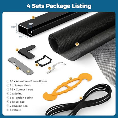 Augblinds DIY Aluminum Window Screen Frame Kit, 4 Sets, 46 in, Black - color: Black, size: 46 in X 46 in (4 Pack)