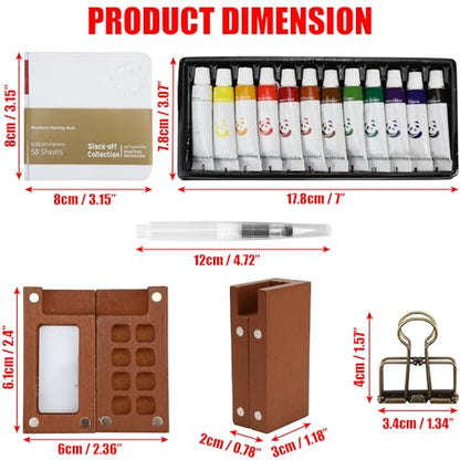 Mini Watercolor Travel Set – New Paint Palette Travel Kit, Upgrade 2026 Portable Pocket Artist Water Colours Box with 8-Grid with Picture Book, Wooden Binder, Brush, Clips, Pens for Painters Students