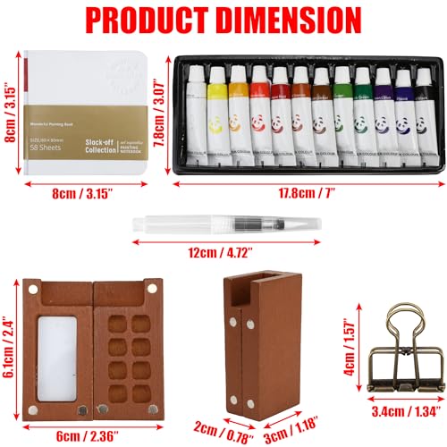 Mini Watercolor Travel Set – New Paint Palette Travel Kit, Upgrade 2026 Portable Pocket Artist Water Colours Box with 8-Grid with Picture Book, Wooden Binder, Brush, Clips, Pens for Painters Students