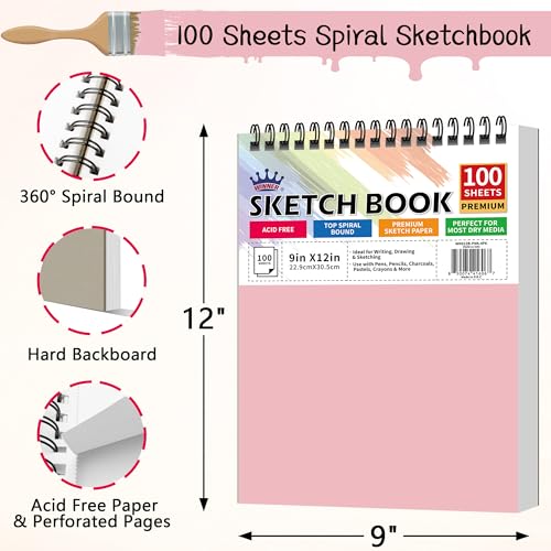 WINNER 9" x 12" Sketch Book 4 Pack, 400 Sheets Spiral Bound Art Sketchbook, 68lb/100gsm White Acid Free Drawing Pad, Sketching Drawing Writing Sketch Pad for Kids, Adults, Art Supplies, Pink - color: Pink, size: 9"x12"