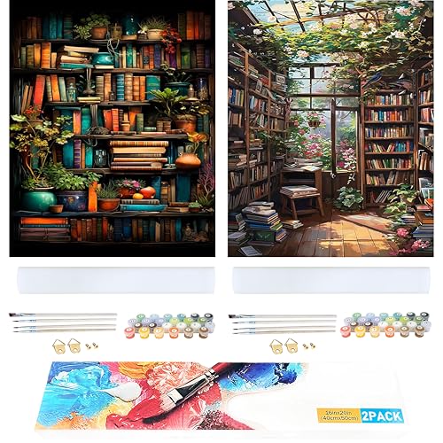 Ycydilirab 2 Pack Bookshelf Paint by Number Adult(with Gifts Box)-Paint by Number Canvas for Adults Bookshelf,Painting by Numbers Kit on Canvas Perfect for Gifts Home Wall Decor(40x50cm) - color: Bookshop 2 pack, size: 16x20in