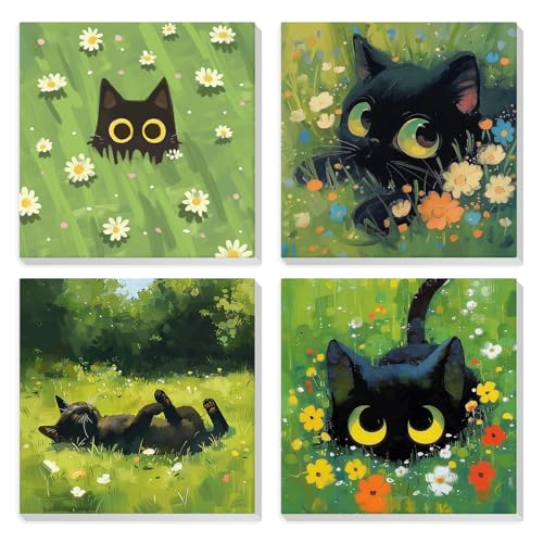 HEIBAGO 4 Pack Framed Paint by Numbers Kit for Adults Beginner, Adult Paint by Number Kits Cute Black Cat, DIY Paint by Numbers for Adults,Small Easy Acrylic Oil Painting for Wall Decor 8 x 8 Inch - color: Cute Black Cat