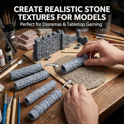 Warmtree 4 Pcs RPG Terrain Texture Roller Set Polymer Clay Texture Roller | DND Terrain Sets Texture Roller for DIY Modeling Scenic Terrain Wall Road Model Miniatures Landscape