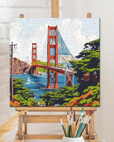 TOCARE Framed Paint by Numbers Kit for Adults Beginners & Kids Ages 8-12, Golden Gate Bridge Paint by Number with Frame, San Francisco Paint by Numbers Framed Canvas (10x10 Inch,Without Easel) - color: TC-F-197
