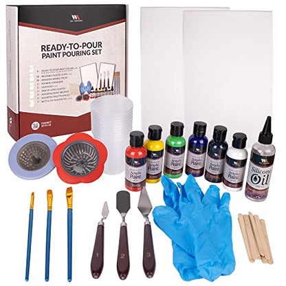 WA Portman Artist Acrylic Painting Kit 38pc Complete Fluid Art Painting Kit | 38pc Acrylic Pouring Paint Set, 6 Bottles of Ready Pour Pre-mixed Paint Kit for Adult & Kids Paint Pouring Kits, Artist Set
