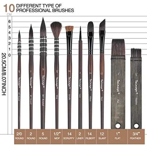Artist Paint Brush Organic Synthetic Blue Squirrel Horse Hair Set of 10 for Watercolor Acrylic Gouache Oil and Tempera Painting