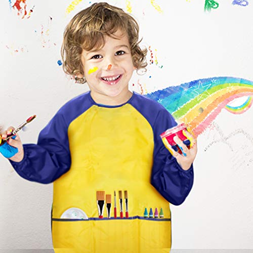 CUBACO Kids Painting Apron, 2pcs Waterproof Art Smocks For Child 3-8 Years, Kids Smocks for Painting Aprons with Long Sleeve - color: Blue&yellow