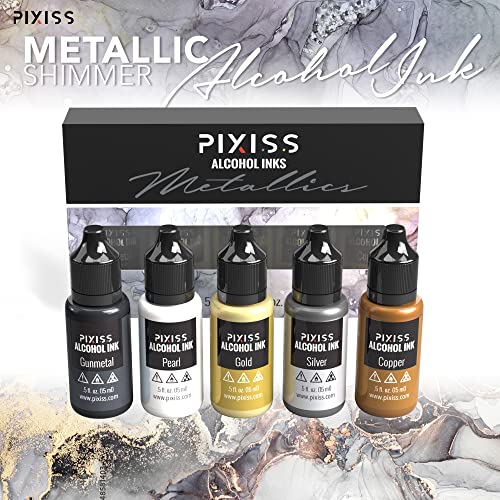 Metallic Alcohol Ink Set, Gold, Silver, Gunmetal, Copper, Pearl, Metallic Mixatives with Extreme Shimmer for Alcohol Ink Paper, Large 0.5 Ounce Inks - color: Metallics
