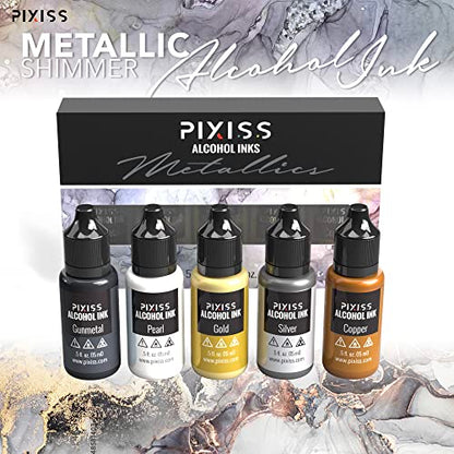 Metallic Alcohol Ink Set, Gold, Silver, Gunmetal, Copper, Pearl, Metallic Mixatives with Extreme Shimmer for Alcohol Ink Paper, Large 0.5 Ounce Inks - color: Metallics