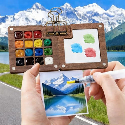 Mini Watercolor Travel Set, 24 Color Pocket Watercolor Set with Brush, Sketchbook and Towel for Artists, Beginners, Students and Urban Sketching (15 Grids)