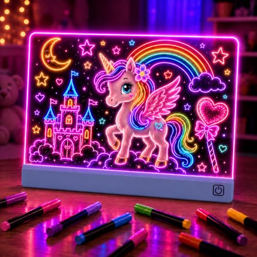 16" LED Drawing Board with 7 Colors & 4 Light Modes – 13×10 in Acrylic LED Note Board with Colors Markers, Adjustable Brightness, Wall or Desk Mount – Birthday Gift Set with Hanging Chain - style: Blue Style