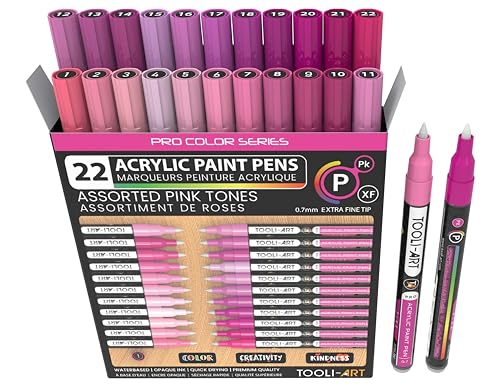 Acrylic Paint Pens 22 Pink Tones Assorted Pro Color Series Markers Set 0.7mm Extra Fine Tip for Rock Painting, Glass, Mugs, Wood, Metal, Canvas, Projects, Non Toxic, Waterbased, Quick Drying - color: PINK XF