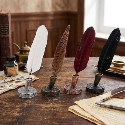 TXIN 4 Pieces Vintage Round Metal Feather Pen Holder, Retro Feather Quill Dip Pen Stand Base, Antique Pen Insertion Plug for Office Supplies Student Stationery Gift