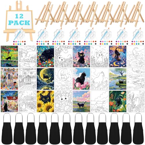 Motipuns 12 Set Black Cat Flower Pre Drawn Canvas for Paint for Adults | 8 x 10 Inch, Sip and Paint Party Kit, Pre Printed Framed Canvas with Easels Paints Brushes Aprons, Party Adult Art Supplies - style: Flower Cat