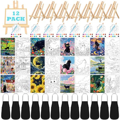 Motipuns 12 Set Black Cat Flower Pre Drawn Canvas for Paint for Adults | 8 x 10 Inch, Sip and Paint Party Kit, Pre Printed Framed Canvas with Easels Paints Brushes Aprons, Party Adult Art Supplies - style: Flower Cat