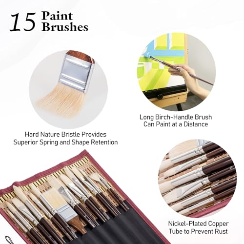 Falling in Art 15 Pcs Professional Oil Paint Brush Set, Natural Hog Bristle - color: Brown