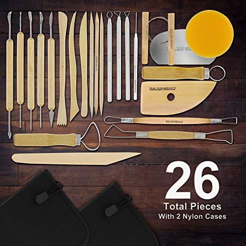 U.S. Art Supply Pottery & Clay Tools Sets (26-Piece) - 12 and 14-Piece Set | Include Pottery Tools, Canvas Case for Sculpting, Ceramics, and Easy Storage & Transport - size: 26-Piece with Nylon Cases