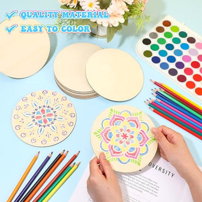 Watersay 42 Pack 6 Inch Mandala Painting Kit, 8 Stencils 18 Wood 18 Pencil | Unfinished Wood Circles to Paint, Reusable Stencil Designs, Ideal for Diwali Crafts and Adult DIY Decor