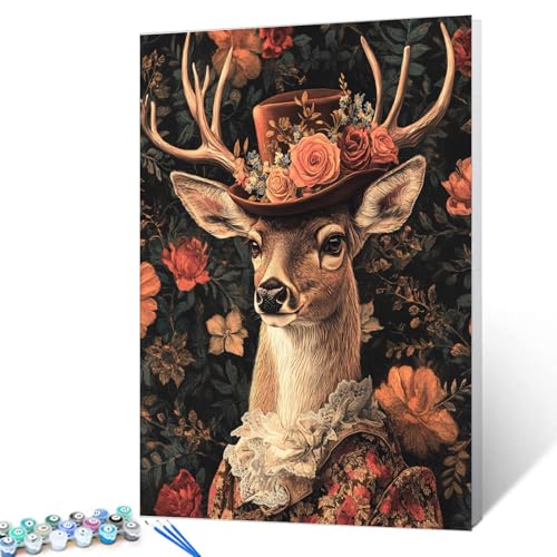 Deer Wearing Hat DIY Paint by Numbers for Adults Animal Flowers Digital Oil Painting Kits on Canvas Acrylic Paint DIY Crafts Paintwork Home Decor Unique Gift 16x20 Inch (Frameless) - color: Hat Animal-01, size: 16''x20''(Frameless)