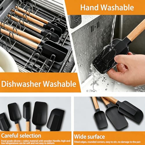 7 Piece Silicone Spatula Set, Food Grade Rubber Spatula Set with Wooden Handle, Heat Resistant Up to 600°F, Silicone Utensils Set for Baking, Cooking & Mixing, Jar, Non-Stick Kitchen Utensils(Black) - color: Black