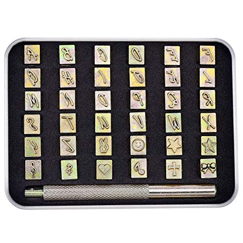 Yoption 37 Pieces Leathercarft Stamping Tool Set, 26 Letters Alphabet & 10 Patterns Stamping Tool 6mm +1 Stamping Handle for Leather Craft - size: 6mm Letters + Patterns
