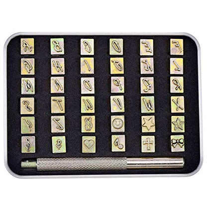 Yoption 37 Pieces Leathercarft Stamping Tool Set, 26 Letters Alphabet & 10 Patterns Stamping Tool 6mm +1 Stamping Handle for Leather Craft - size: 6mm Letters + Patterns