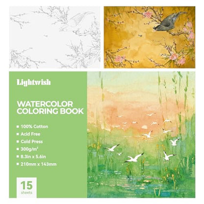 Lightwish Watercolor Coloring Book for Adults & Beginners,100% Cotton 300gsm/140lb Acid-Free Cold Press Paper, 8.3 x 5.6 Inches,15 Sheets,Bird-Themed - color: Bird-Themed