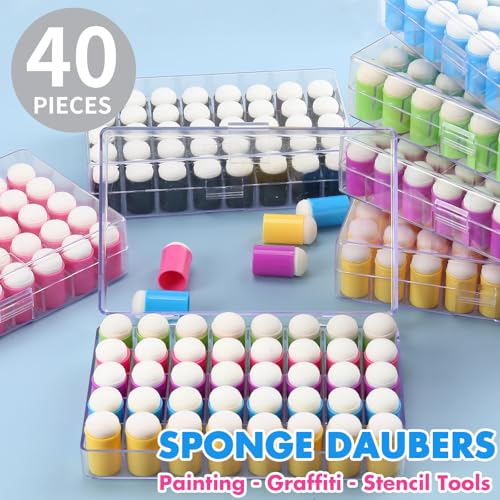 40 Pieces Sponges Daubers with Storage Case - Finger Sponge Daubers with Soft Sponge Head - Perfect for Painting, Drawing, Stenciling, Card Making and More - color: Blue