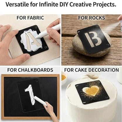 2 Inch Reusable Letter Stencils Symbol Numbers Craft Stencils, Black | 64 Pcs Interlocking Stencil Kit, For Painting on Wood, Wall, Fabric, Rock, Chalkboard, Sign, DIY Art Projects - color: black