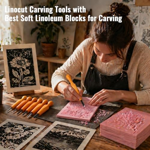 Oh Klyzo 5 Pcs Linocut Carving Tools Plus 6 Pcs 4"x6" Soft Rubber Linoleum Blocks for Printmaking Stamp Carving Wood Linocut Tools V-Shaped Chisels for Beginner Artist Block Printing Craft