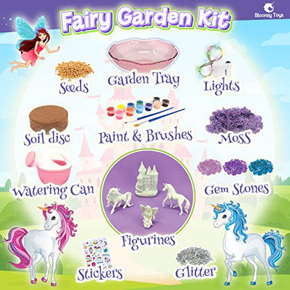 BLOONSY Unicorn Fairy Garden Kit for Kids, Light Up Terrarium for Girls