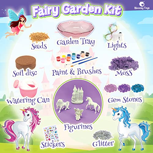 BLOONSY Unicorn Fairy Garden Kit for Kids, Light Up Terrarium for Girls