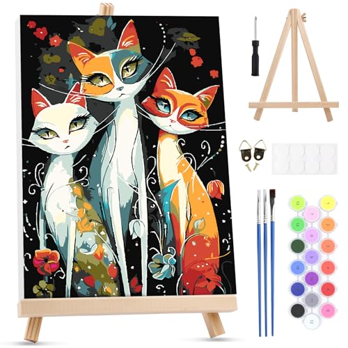 MXJSUA Three Cats Paint by Numbers Kit with Frame for Adults, Animal Easy Beginners Paint by Number on Canvas with Easel, Acrylic Number Painting Craft Gifts for Home Decor, 8x12 inch - color: Three Cats