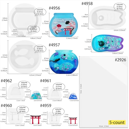 Resin Shaker Silicone Molds and Seal Films Casting Set Pack of 12 Enchanted Japanese Jewelry Charm Koinobori Mt Fuji Goldfish Bowl - color: Fish Tank, Torii, Mt Fuji, Carp Streamer Craft Pack of 12