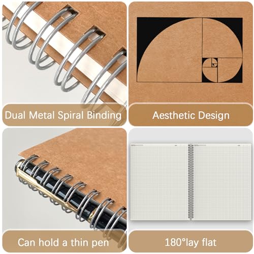 A4 Graph Paper Notebook, 2 Pack Large Spiral Grid Notebook, 200 Pages 100gsm Thick 5mm Square Paper Quad Notebook for Engineering, Math, Taking Notes, Drawing - Kraft Brown Cover, 8.5" x 11" - color: Graph