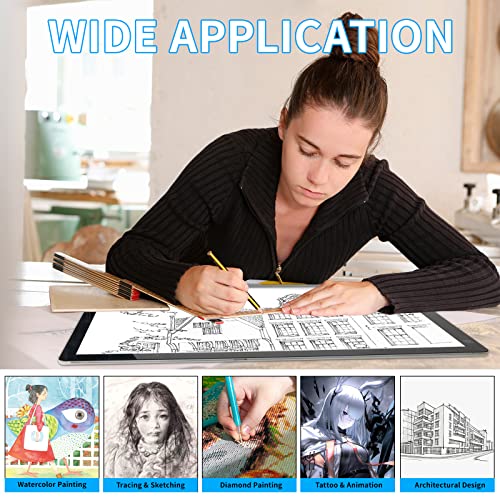 TOHETO A2 Artist Tracing Light Pad with 2 Clips, 12V2A Adapter Power Stepless Dimmable Brightness Large Artcraft Light Box Copy Board for Diamond Painting Weeding Vinyl Tattoo Drawing (23.7''x15.8'')