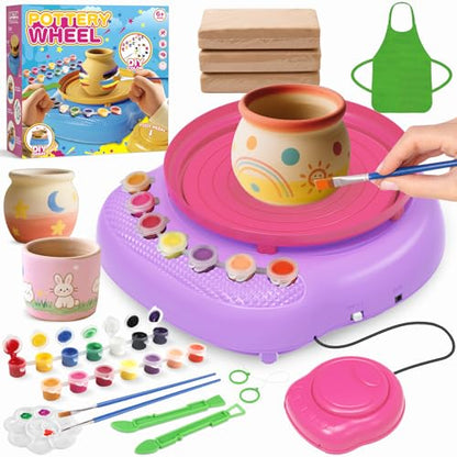 Pottery Wheel for Kids with Air Dry Clay Kit, 12 Paints & Tools, Ages 6-12 | No kiln needed: shape on the electric wheel, air-dry & paint. Gentle beginner speed; kit adds 3 clay packs, tools & apron - color: pink/purple