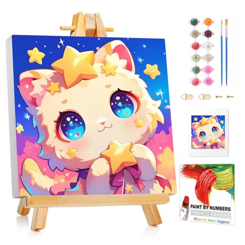 XTCIXAL Paint by Numbers Kit for Kids with Frame, Cat, 8X8 inch - color: 14-Cat