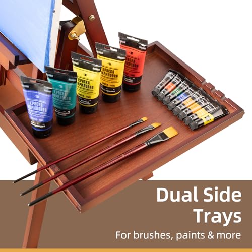 Horizontal Beechwood Studio Easel with Drawer and Palettes, Walnut | H-Frame Solid Wooden Painting Easel for Students, Beginners, and Artists, Hold Canvas to 50Inches High - style: Horizontal Walnut