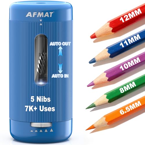 AFMAT Electric Pencil Sharpener, Auto in & Out, 5 Nibs, 7K+ Uses, Fully Automatic Classroom Pencil Sharpener, Rechargeable Hands-Free Sharpeners for Jumbo/Colored Pencils (φ6.5-12mm) PSC3(Sky Blue) - color: Sky Blue