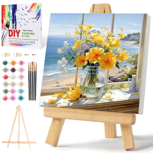 PRASIO Framed Paint by Numbers Kit for Adults Beginner with Easel, Flowers Adult Paint by Number Kits on Canvas Framed, DIY Acrylic Watercolor Oil Paint by Number with Frame for Home Decor 16x16 Inch - color: XM-OP-Framed-YellowFlower