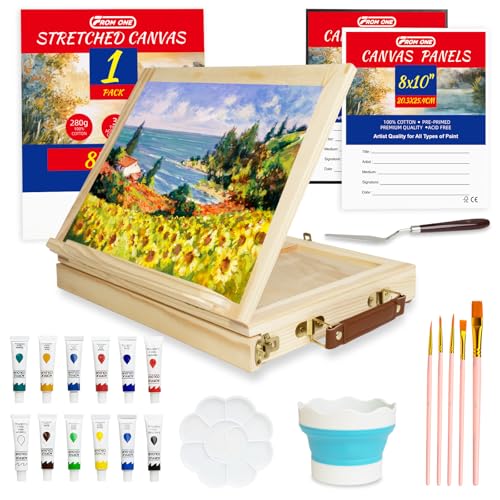 Portable Tabletop Easel Set 24-Piece Acrylic Paints Brushes Canvases | Non-toxic 12 acrylic paints, brushes, canvases & boards, travel-friendly wooden art kit for beginners - size: art easel box-24pk