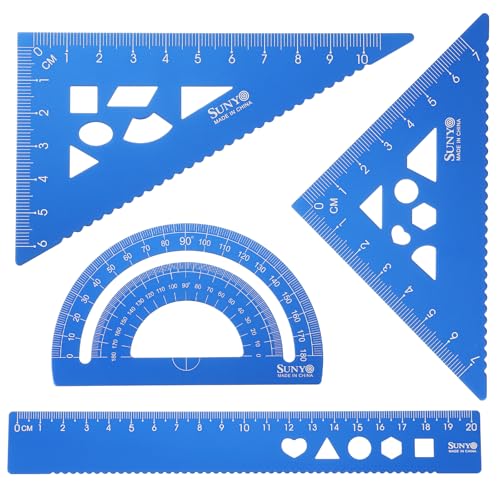 HARFINGTON 4pcs Triangular Ruler Set 20cm Aluminum Alloy Straight Geometric Protractor Triangle Engineering Scale Drafting Ruler Kit Measuring Drawing Tool for Classroom Office Home, Blue - color: Blue