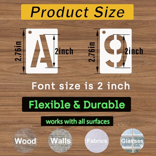 2 Inch Letter and Number Stencils, 68 Pcs Reusable Plastic Alphabet Spray Paint Stencils for Painting on Wood, Wall, Fabric, Rock, Signage, Door Porch, DIY Art Projects - size: 2 Inch