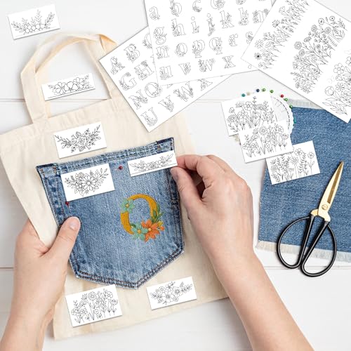 Water Soluble Stabilizer Embroidery Pattern - Flower Letter Stick & Stitch Embroidery Paper Wash Away, Wildflower Hand Sewing Patterns for T-Shirt Bag Towel (4 Sheets) - style: Letter975